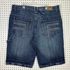 FUBU Carpenter Rhinestone Baggy Jean Shorts Sz 44 Bedazzled Blue Skate Y2K